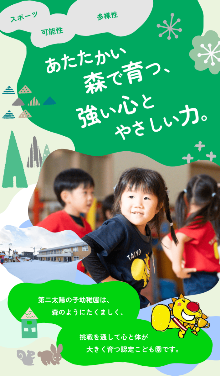 園児のコラージュ: 「未来の航海」という文字と、笑顔の園児や園舎の画像。