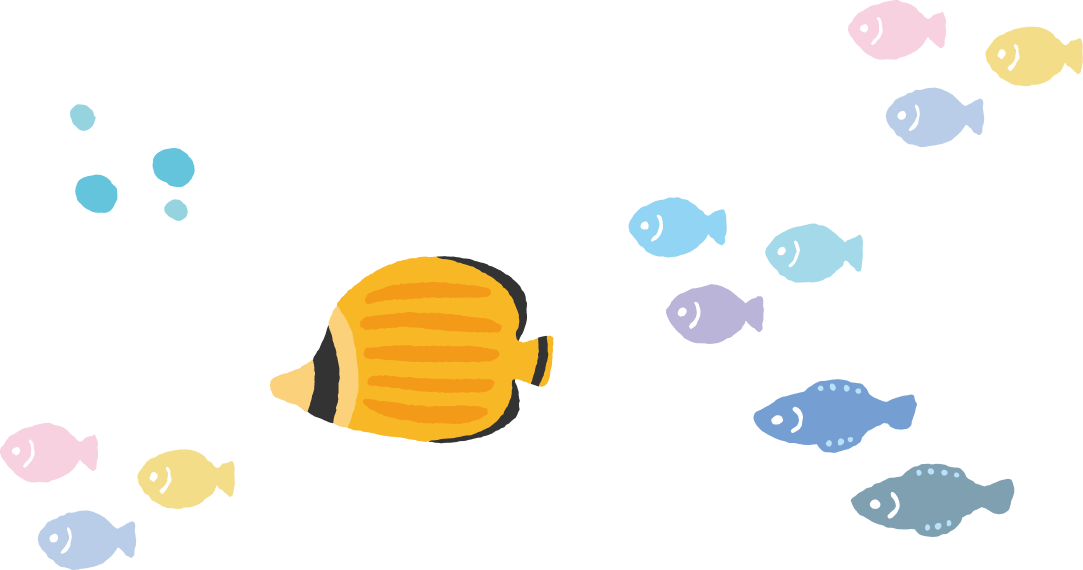 魚のイラスト： パステルカラーで描かれた魚の群れのイラスト。