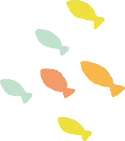 魚のイラスト: パステルカラーで描かれた魚の群れのイラスト。