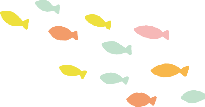 魚のイラスト: パステルカラーで描かれた魚の群れのイラスト。