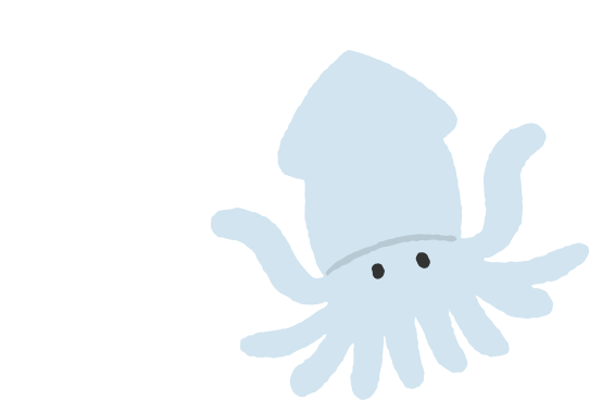 イカのイラスト: 泡を吹きながら泳ぐ、淡いブルーのイカのイラスト。